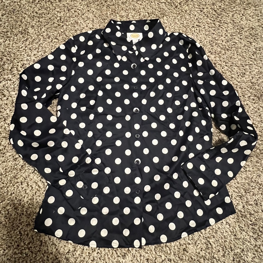 Talbots Navy Blue White Polka Dot Button Down Shirt Cotton Long Sleeve Size 10